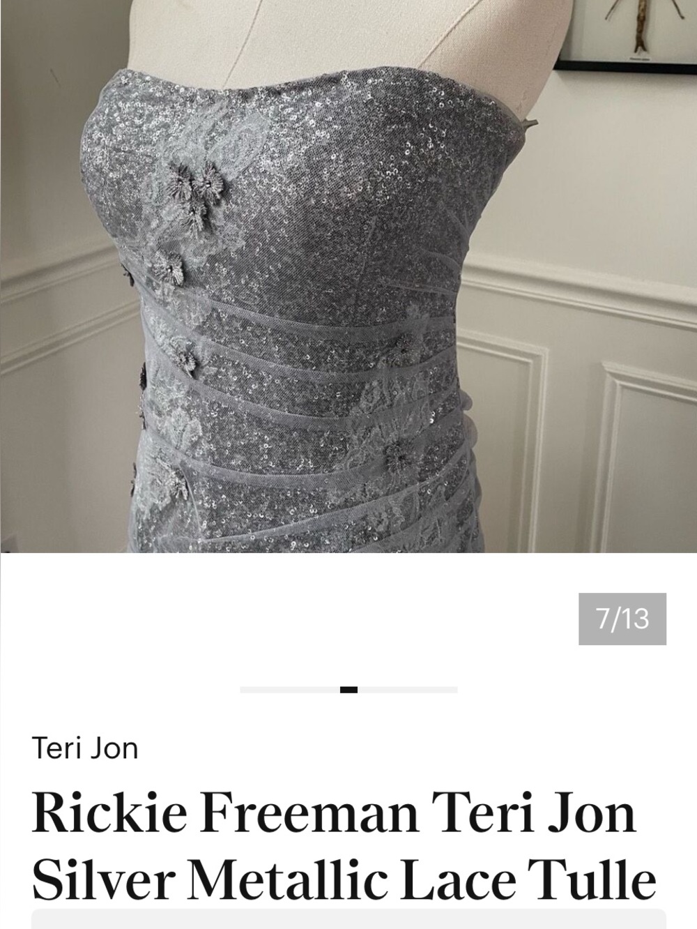 Teri Jon Silver Strapless Metallic Lace Evening Dress